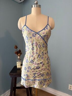Floral slip dress with blue ribbon detail
